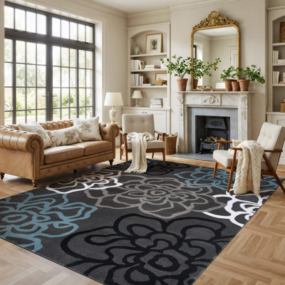 Tapis performance à motif floral gris/bleu/noir/blanc Carius – Tapis à motif floral moderne, idéal pour le salon, la chambre ou la salle à manger, résistant et facile à nettoyer