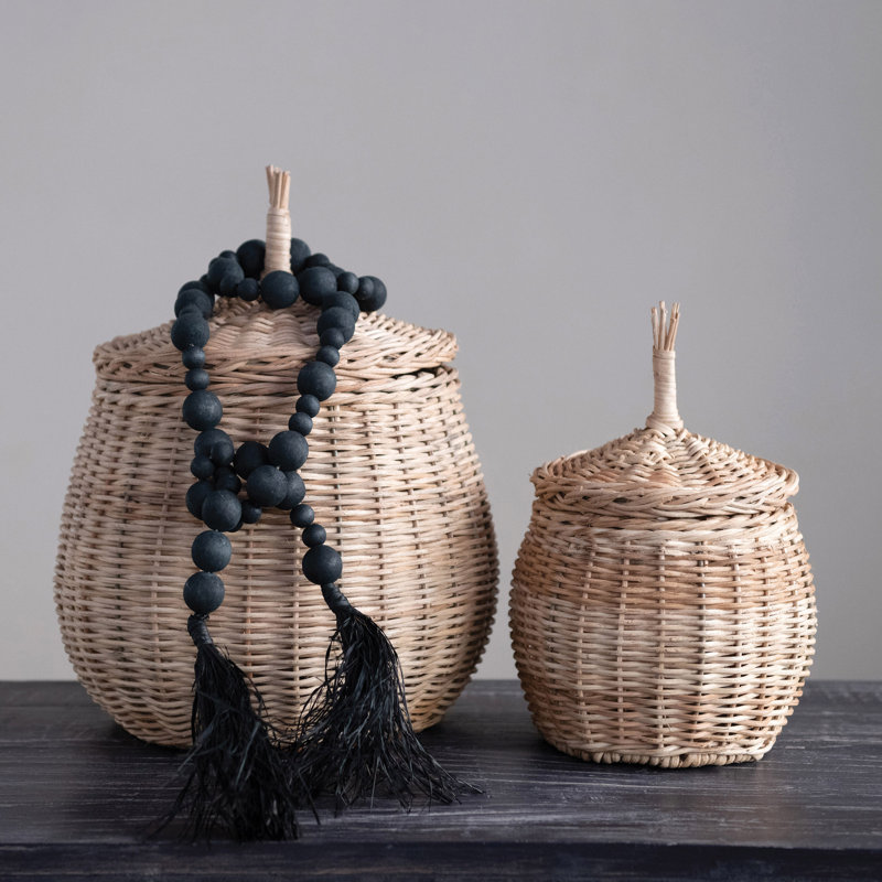 Natural Hand-Woven Wicker Round Storage Baskets with Lids, Set of 2
