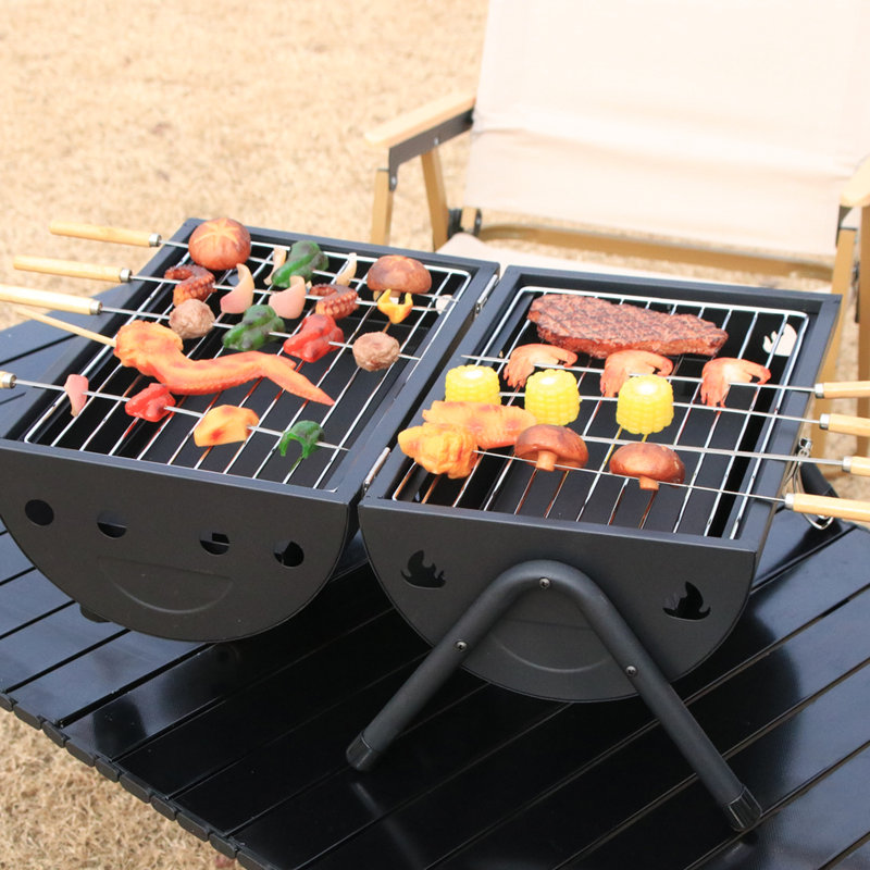 Barbecue portatif au charbon de bois - acier très épais, robuste, couvercle coupe-vent, barbecue de table pour 1 à 3 personnes facile à assembler, espace de 13,5 po x 8,8 po