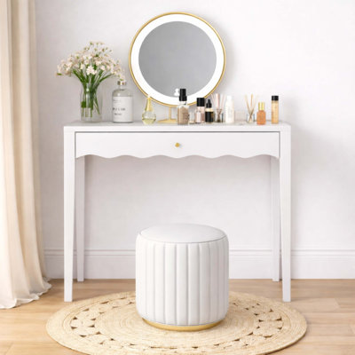 Meuble-lavabo 35,43 po avec tiroir - table de maquillage moderne avec façade festonnée et poignée dorée, bureau d'écriture compact avec 4 pieds robustes pour la chambre à coucher, les petits bureaux à domicile et les appartements