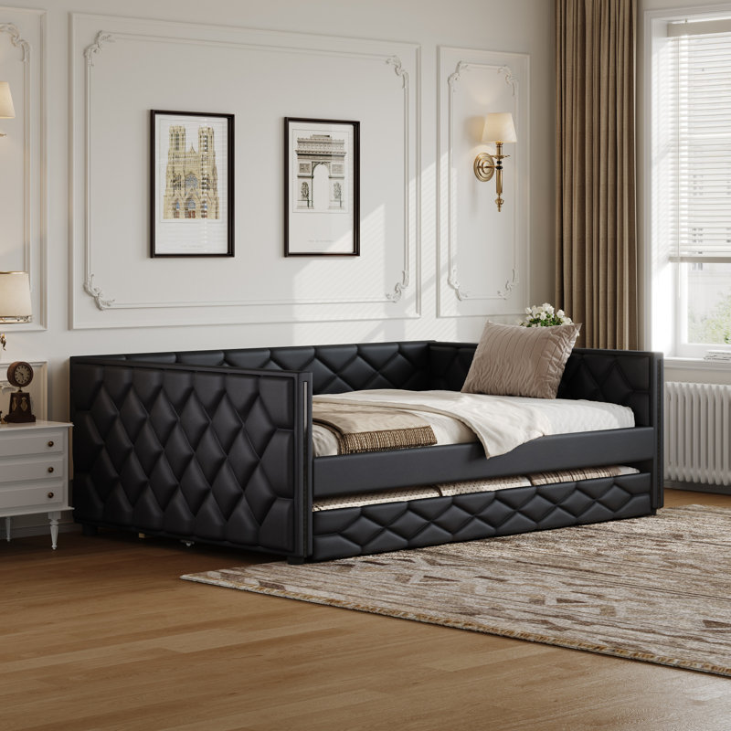 Full XL Size Upholstered Daybed with Trundle and LED, Black, Black