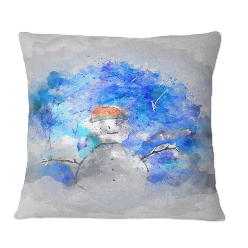 Coussin Snowman In Blue Winter Forest, 18 po x 18 po