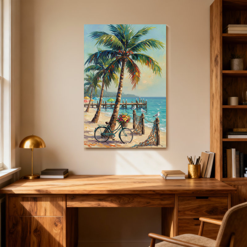 Plantes et fleurs, scène de plage tropicale avec palmiers et bicyclette