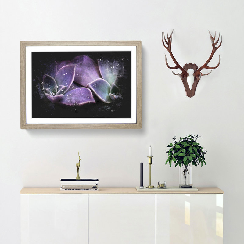Lilac & Green Succulent Plant Paint Splash - Picture Frame Graphic Art, 45cm H x 63cm W x 2cm D, Oak Framed