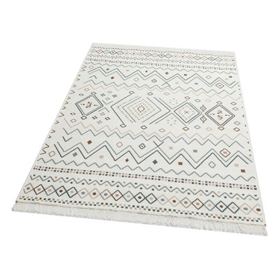 Stylish Flat Weave Area Rug, 5 x 7.5 Feet | 100% Cotton, No Pile, Thickness: 0.2 Inches | Washable by Machine | Elegant Beige, Blue & Mink | Perfect for Living Room, Bedroom & Dining Spaces
