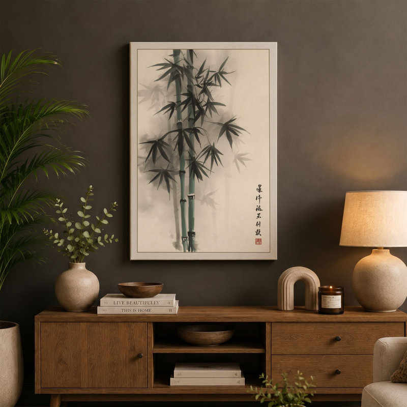 Bamboo in Ink Japandi - Wrapped Canvas, 24x16 - 61.0 x 40.6 cm, Ochre Border