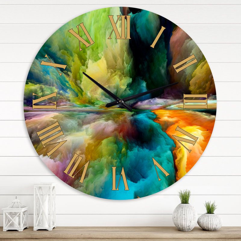 Horloge murale moderne avec dégradés colorés de montagnes et de nuages surréels, Grand