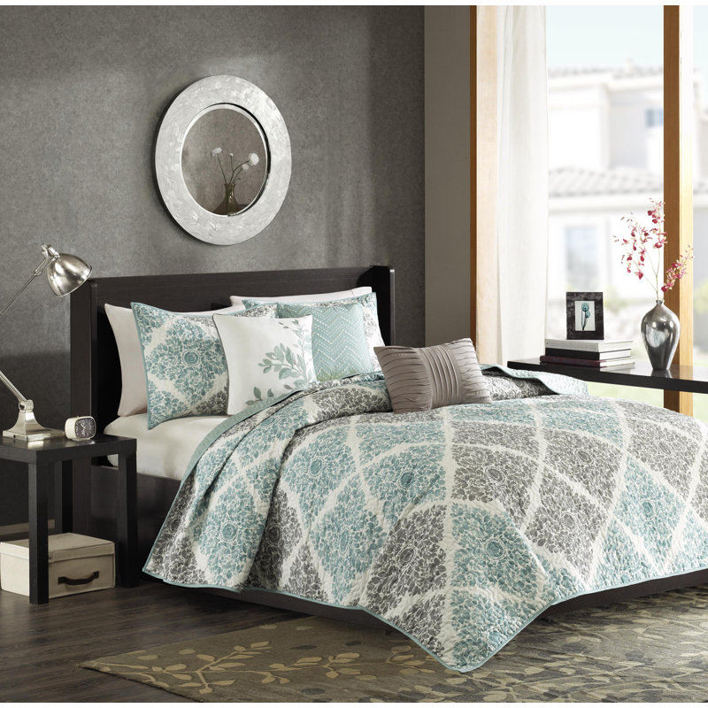 Ensemble de courtepointe imprimée 6 pièces avec coussins Claire, Cal. Courtepointe très grand + 2 très grandes ta, Turquoise