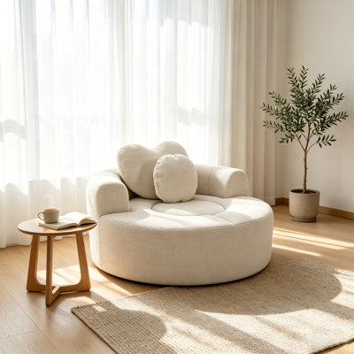 55.2'' Round Memory Foam Sofa Bed with 2 Pillows, Warm Beige Cloud Couch for Small Living Room Apartment, No-Assembly Convertible Sleeper Chair with Heart-Shaped Backrest & Waffle Fabric
