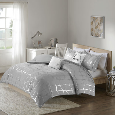 Édredon simple / simple TG avec taie décorative brodée gris et métallique