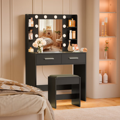 31.5" Makeup Vanity Set with Vanity Stool, 3-Color LED Mirror, Power Outlet, Hair Dryer Holder, 2 Drawers