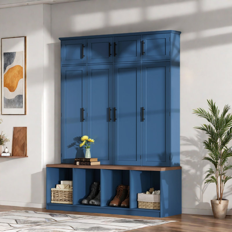 Farmhouse Hall Tree With 4 Hidden Hanging Hooks, 8 Doors, Seating Bench And Shoe Cabinet, Blue