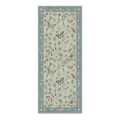 Green Butterfly Bee Botanical Machine Washable Non Slip Stain Resistant Runner Rug