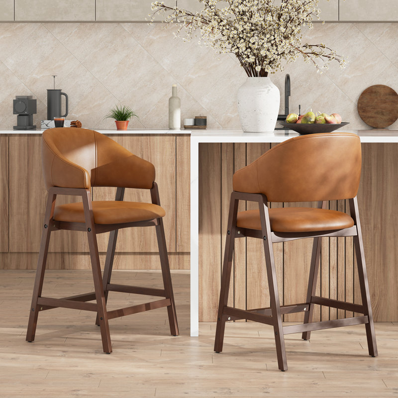 Tabouret de bar rembourré en bois massif, 2, Brun