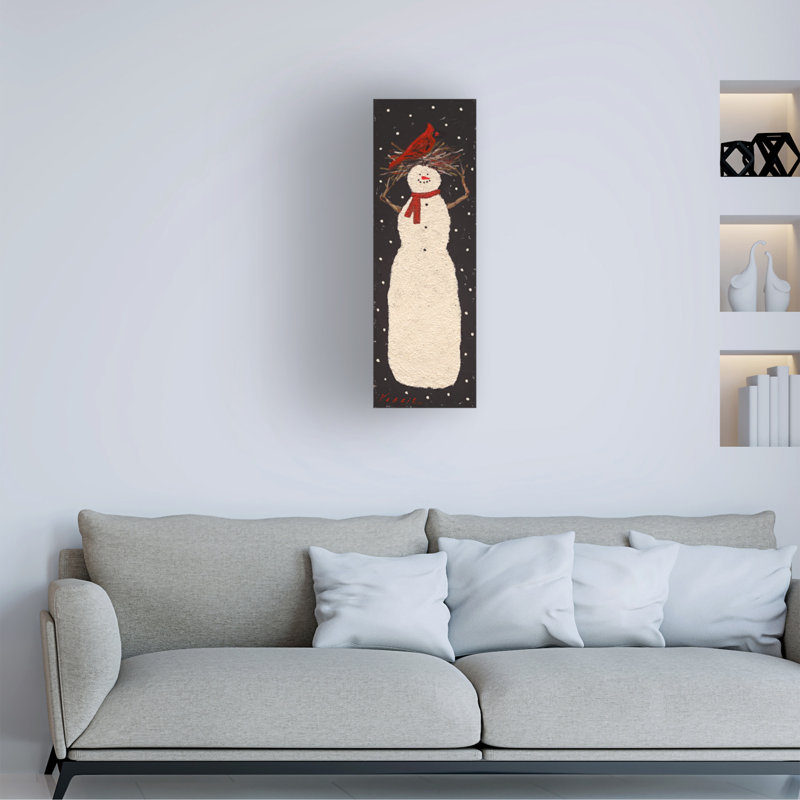 Art mural sur toile tendue - "Mary bonhomme de neige avec cardinal" par Mary Miller Veazie, H 24 po x l 8 po x P 2 po