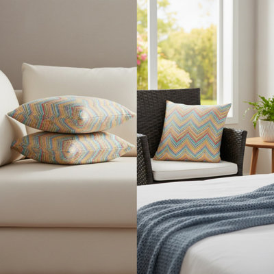Lot de 6 coussins décoratifs d'intérieur/extérieur avec garniture et fermeture éclair, 45 x 45 cm, imperméables et résistants à la décoloration, carrés, pour canapé, lit, motif beige rayé cabana.