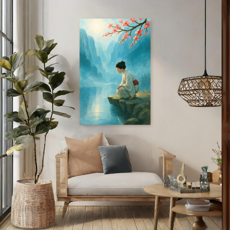 Art japonais contemporain, "Femme japonaise par rivière avec fleurs de cerisier", H 48 po x l 32 po