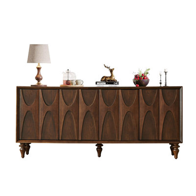 Buffet en bois massif cannelé avec 4 portes, finition noyer