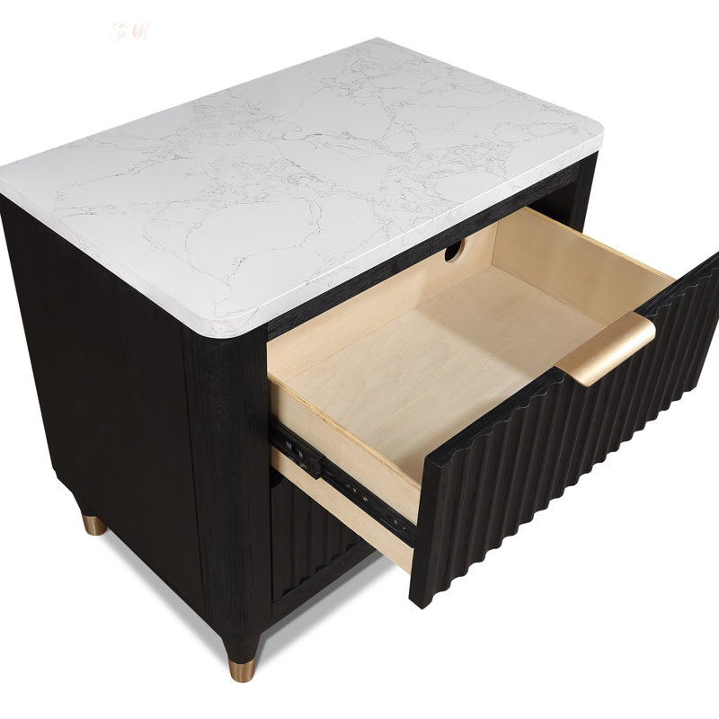 Table de chevet contemporaine à 2 tiroirs avec plateau blanc et boutons en métal de conception moderne pour un rangement efficace dans les chambres
