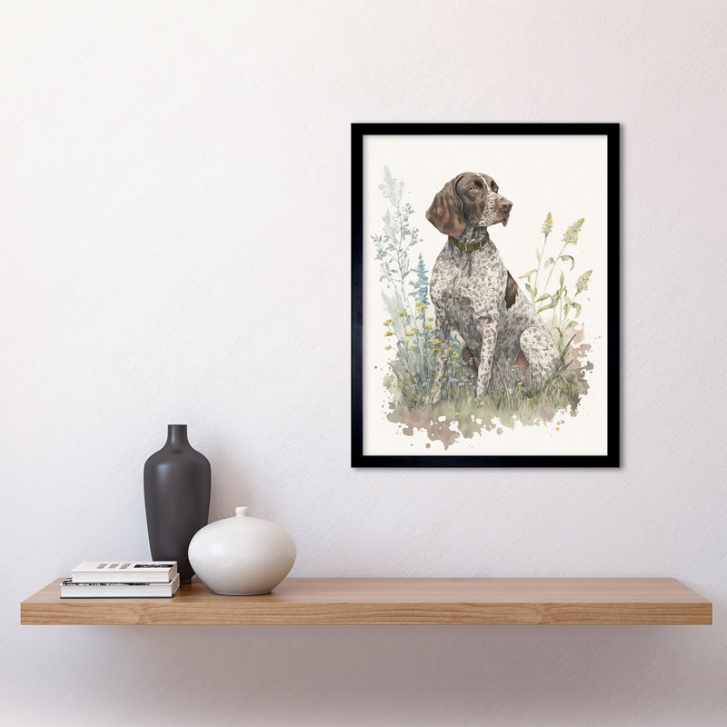 German Pointer Dog Sitting In Field Modern Detailed Pastel Watercolour - Single Picture Frame Print