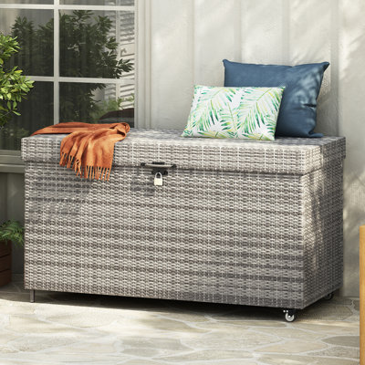 Boîte de rangement en osier de 200 gallons sur roulettes, boîte de rangement extérieure en rotin toutes saisons pour meubles de patio, rangement de piscine et outils de jardin