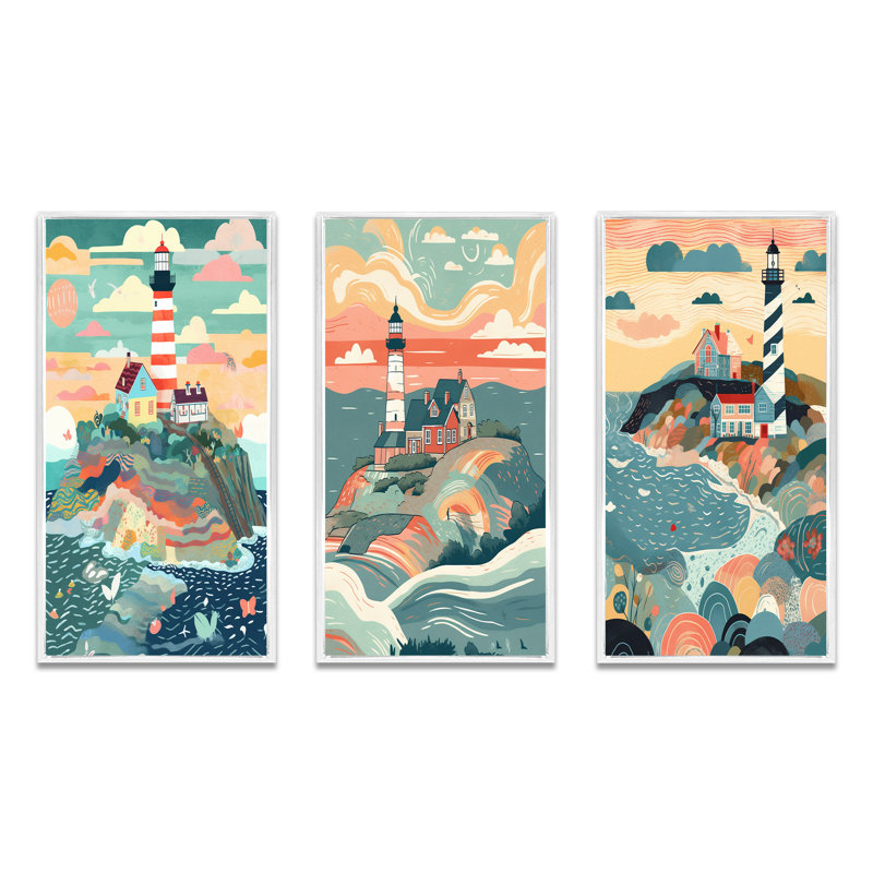 «Coastal Guiding Light», 3 pièces sur toile, H 28 po x l 36 po, Cadre flottant blanc