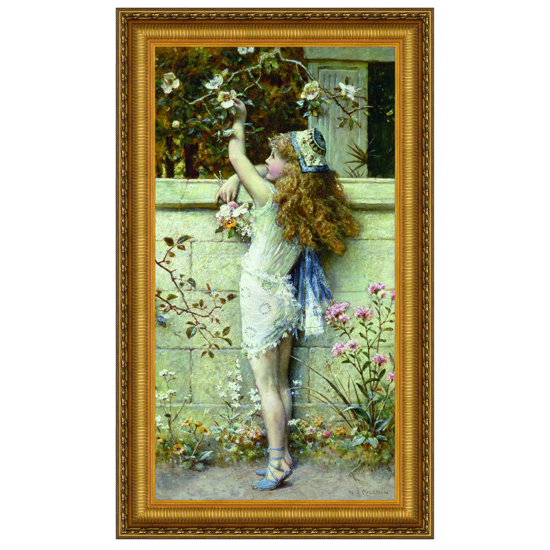 Victorian Floral Garden Girl Canvas Painting with Gold Frame