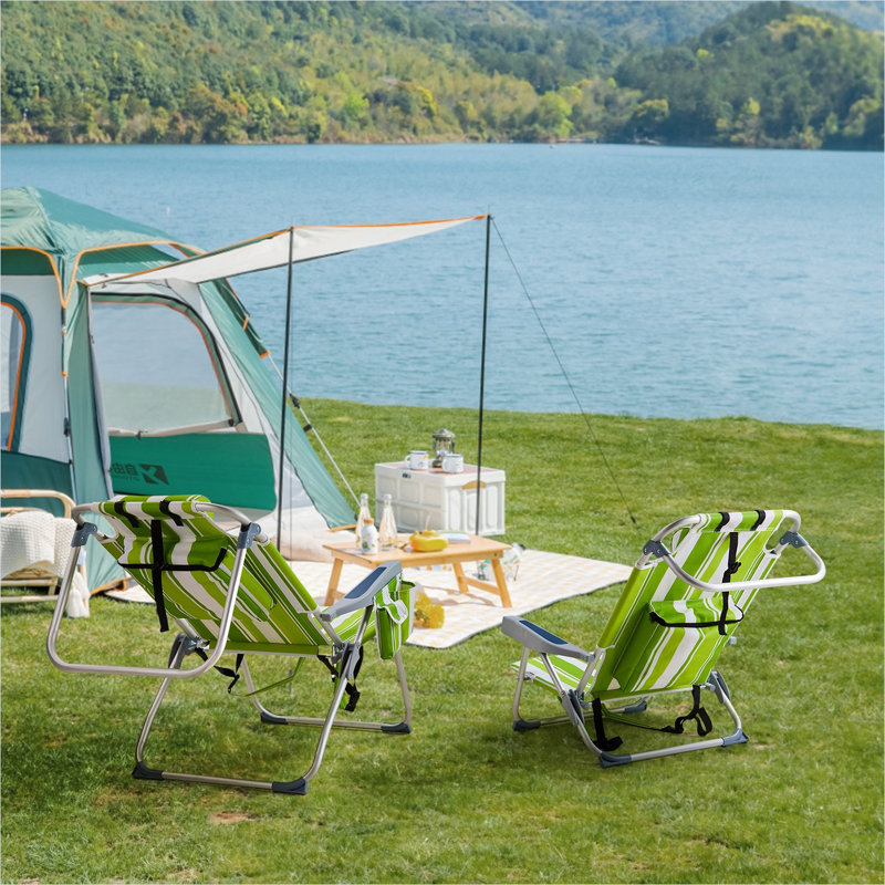 Chaise de plage en aluminium avec revêtement en polyester 600D, siège surélevé et dossier réglable en 5 positions, idéale pour le camping, finition verte.