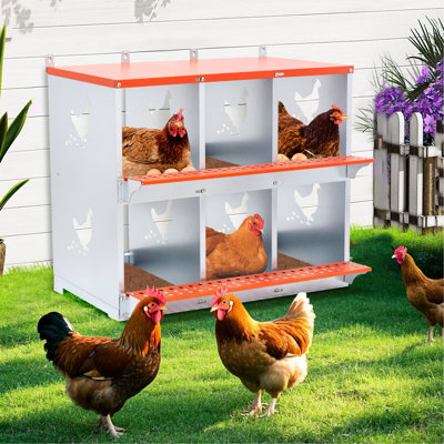 Boîte de 6 nids en acier galvanisé orange pour la volaille, améliore la production d'œufs, la configuration de nidification hygiénique, la qualité de fabrication du métal ventilé et des canards, est livré avec un rembourrage en fibre de noix de coco, nettoyage facile