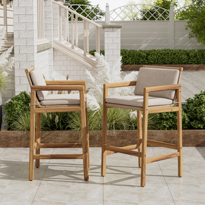 Tabouret de bar d'extérieur en bois, bois fini teck avec coussin beige, ensemble de 2