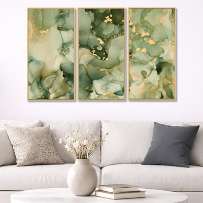 " Green Luxury Abstract Fluid Art I " 3 Piece Art Graphic Art Set