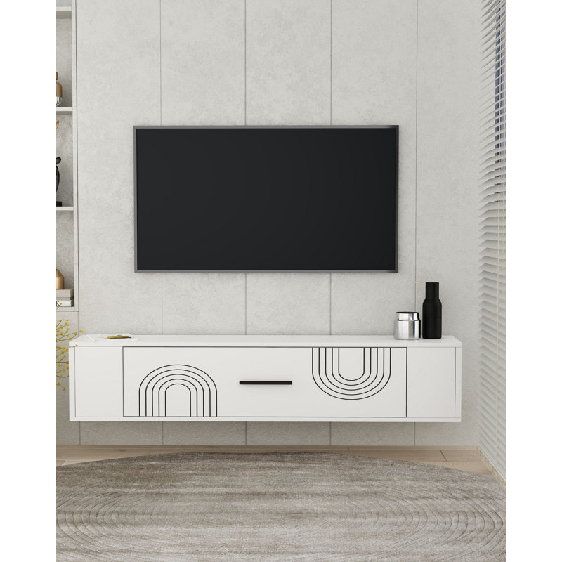 Meuble télé moderne blanc, mural, 47,2 po x 13,0 po x 13,1 po | 100% panneau de particules enduit de mélamine, épaisseur: 0,7 pouce | Conception géométrique élégante pour le salon et les espaces de divertissement, durable et élégante