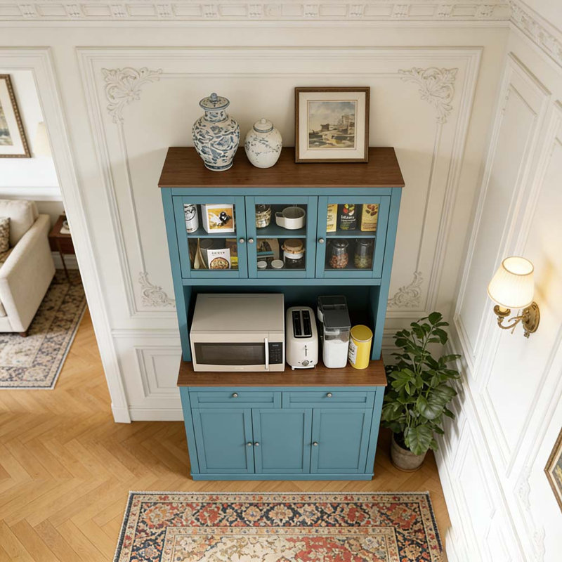 Tablettes réglables avec garde-manger, support pour micro-ondes, huche de cuisine avec 2 tiroirs, Vert / chêne