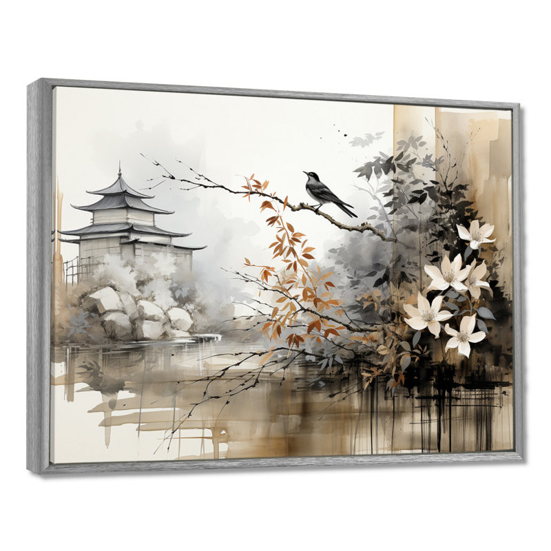 Asian Art Sumi Bird Serenity I - Art mural asiatique, H 34 po x l 44 po x P 1,5 po, Encadrement argenté