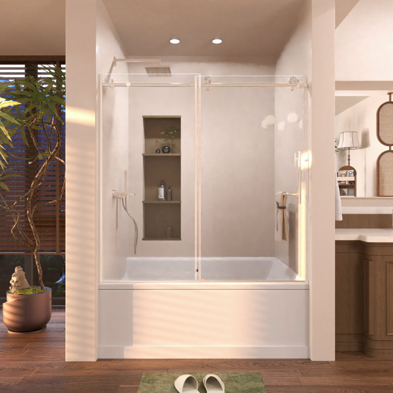 Porte de douche coulissante semi-sans cadre en nickel brossé l 60 po x H 60 po, Nickel brossé