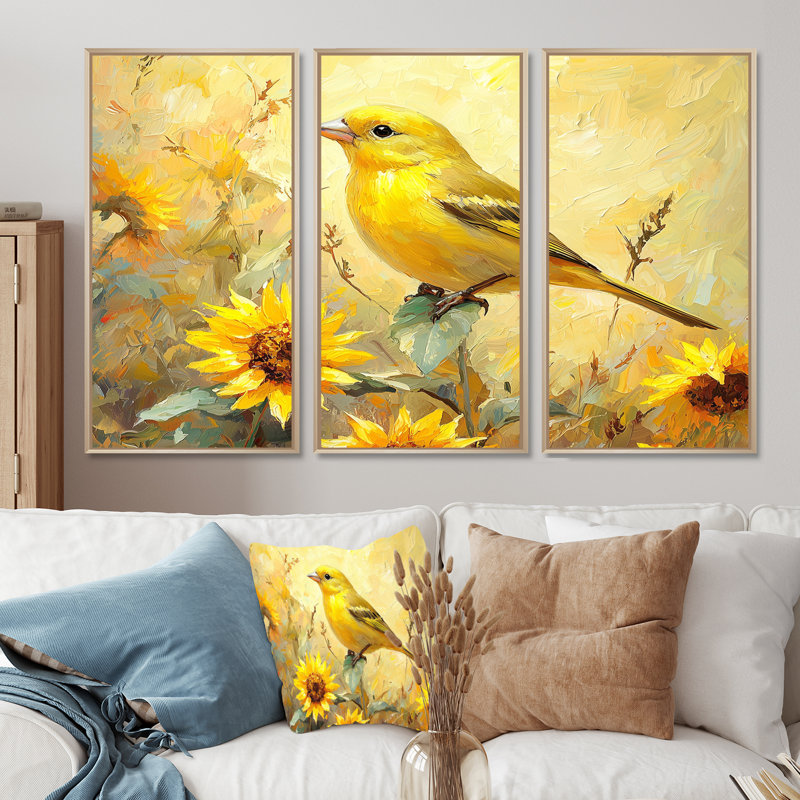 «Finch Bird in The Farm Sunflowers III» - art mural oiseau - ensemble de 3, H 28 po x l 36 po, Érable