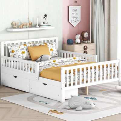 Lit plateforme en bois blanc avec garde-corps inclus avec espaces de rangement et deux tiroirs pour une chambre à coucher