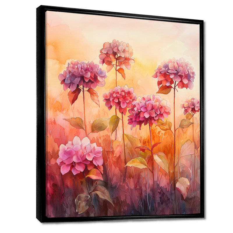 Hydrangea Field At Sunset I - Hydrangea Wall Art Decor, Black, Floater Framed Print, 20" H x 12" W