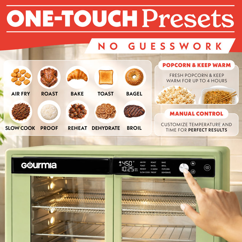 Gourmia 37 Quart Air Fryer Oven with French Doors, 12 Presets, Dehydrate Mode, Fits 13 Inch Pizza, 1700W, Green, Green