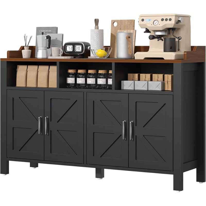 55"Buffet Cabinet with Storage Farmhouse with 4 Doors and 3 Open Compartments,Large Kitchen Storage Cabinet Black Wood Coffee Bar Buffet Sideboard for Kitchen, Dining Room, Living Room