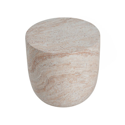Table d'appoint légère en forme de tonneau en béton pour une utilisation intérieure et extérieure avec une finition en travertin naturel et une conception multifonctionnelle.