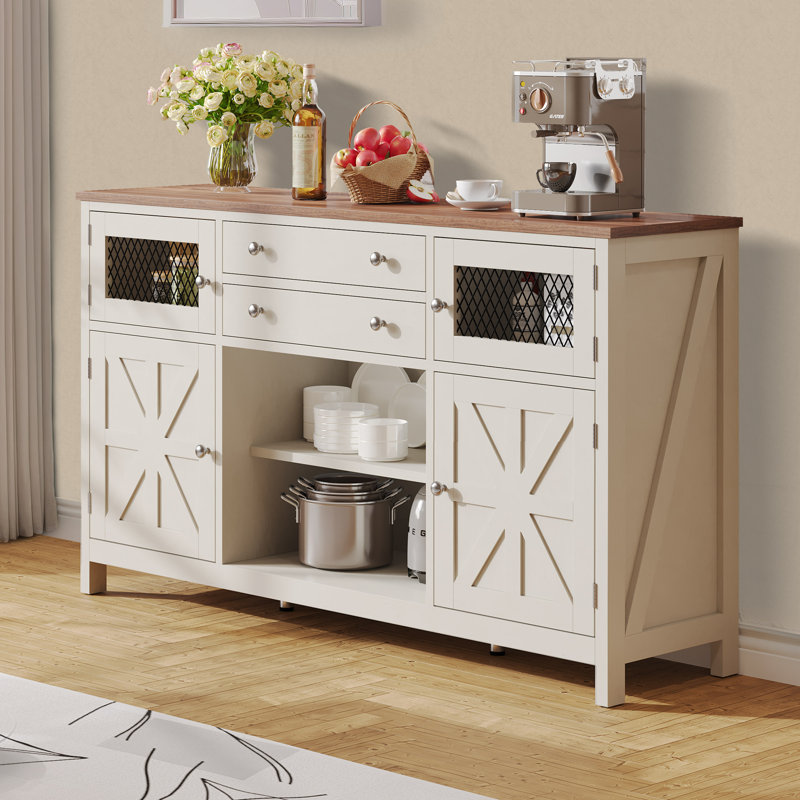 Buffet de style campagnard avec tiroirs et porte de grange Beltran, Blanc
