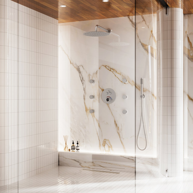 Système de douche thermostatique mural complet avec 6 jets de corps et valve brute, Nickel brossé
