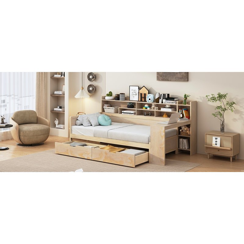 Bahiyah Wooden Multi-Functional Daybed With Storage Shelves, 2 Storage Drawers And Study Desk, Twin, Natural