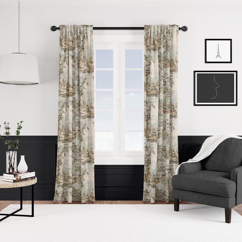 French Countryside Linen Blend Toile Room Darkening Rod Pocket Single Curtain Panel, 50" W X 108" L