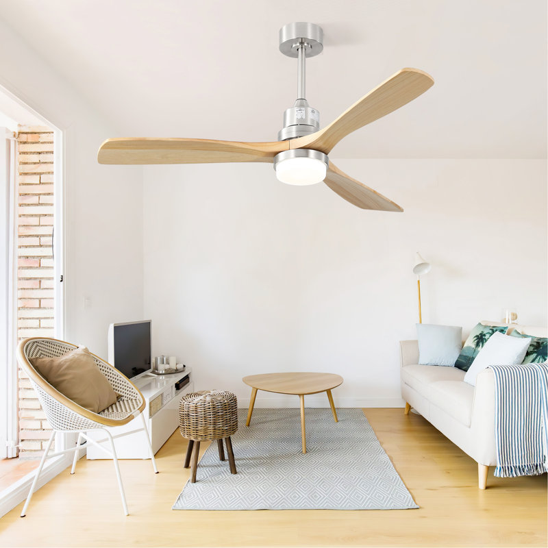 52 Inch Smart Ceiling Fan With Sand Nickel Finish 3 Natural Wood Blades LED 18W Triple Color Dimmable Memory Lighting And Remote Control