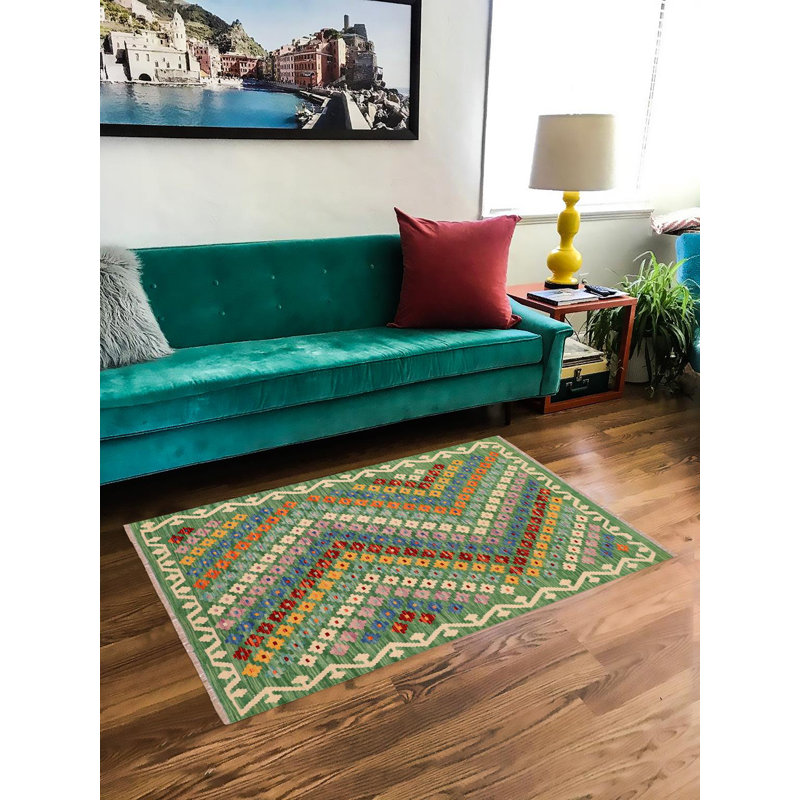 Tapis vert / rouille / bleu / beige en laine noué à la main 3 pi 8 po x 5 pi Gjanina