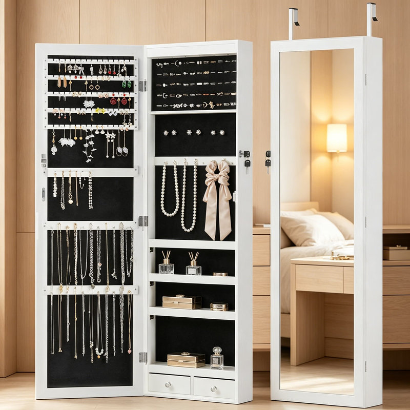 6 LED Jewelry Cabinet Organizer, 47.2 Inch Full Length Mirror Armoire, Wall or Door Mounted, Lockable Large Capacity Storage, White