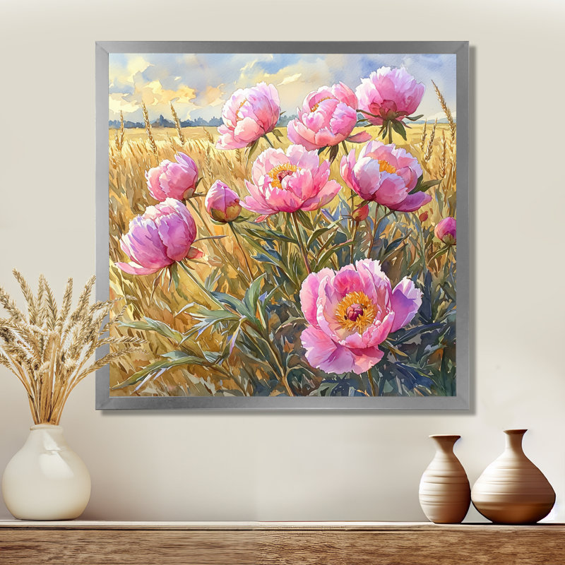 Pivoines par le champ d'or II - pivoines, art mural large, Reproduction encadrée d'une seule photo, Argent argent