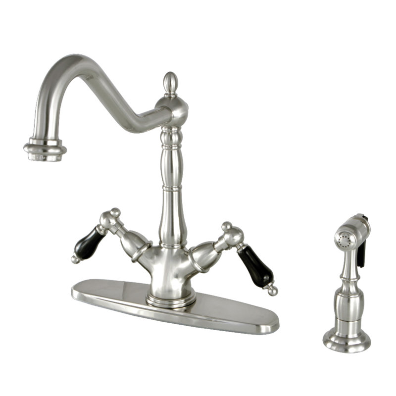 Kingston Brass Duchess Two-Handle 2-or-4 Hole Deck Mount Kitchen Faucet with Brass Sprayer, Brushed Nickel